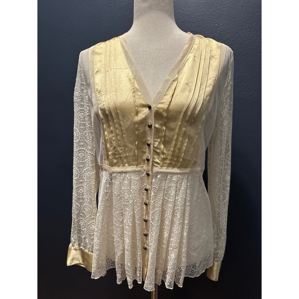 Sundance Lace Satin Lady Jane Blouse Sz 8 Cream Gold Romantic Mesh Peplum Top - Picture 2 of 14